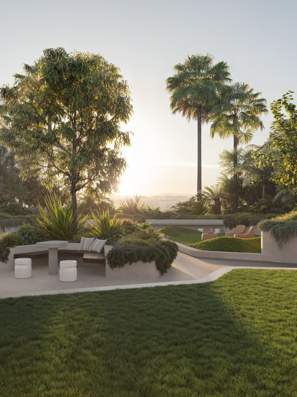 An artist’s impression of the outdoor seating area and lawns of SOL by Walker, with several tables and chairs spread along pathways winding between tidy lawn areas as the sun sets in the distance.