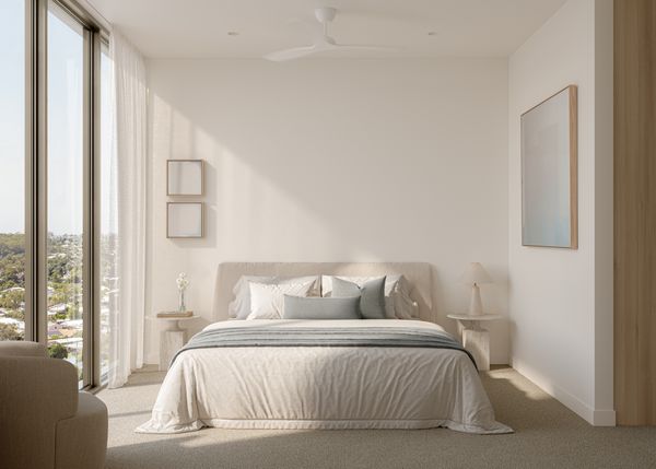 An artist’s impression of a spacious bedroom of an apartment at SOL by Walker, with a large king bed alongside full-height glass windows overlooking Maroochydore.