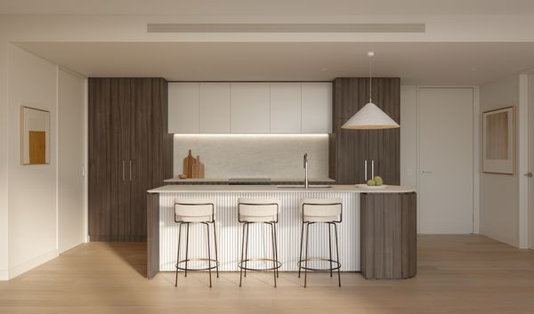 An artist’s impression of the modern kitchen of an apartment at SOL by Walker, featuring dark wooden cabinetry.