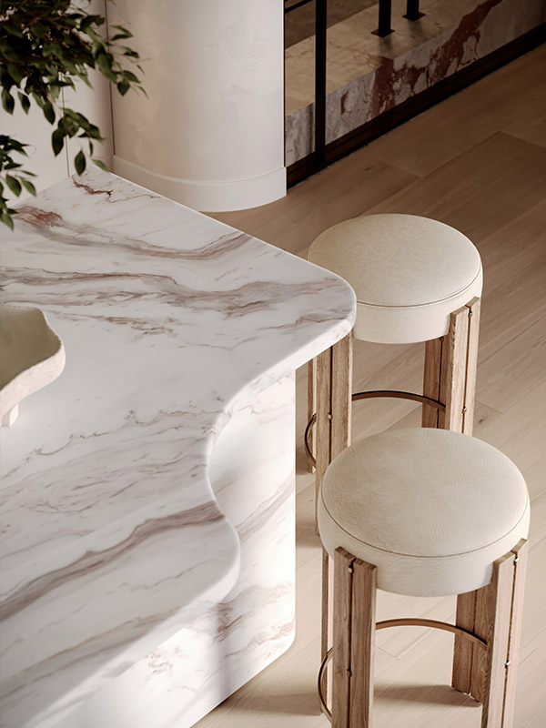 An artist’s impression of the interior of one of the Penthouses at SOL by Walker, with a natural stone benchtop, leather apholstered stools, and light coloured timber floors.