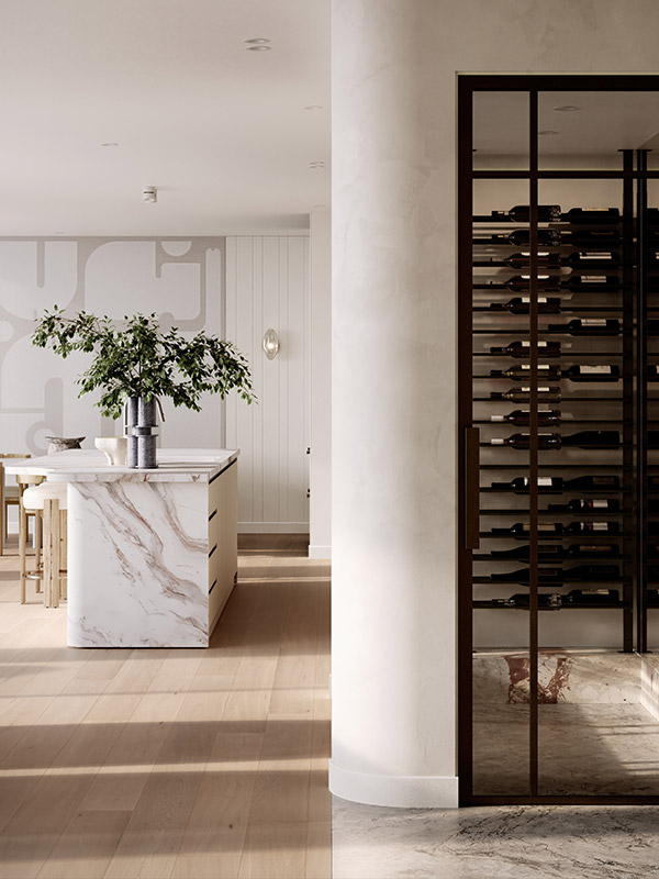 An artist’s impression of the interior of one of the Penthouses at SOL by Walker, showcasing the kitchen, along with a walk in wine room.