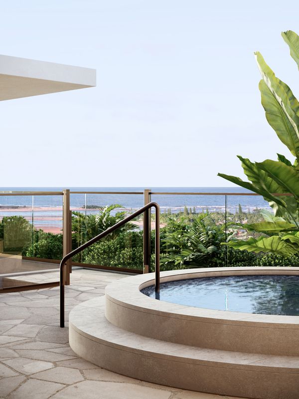 An artist’s impression of the rooftop terrace and spa at SOL by Walker, overlooking Maroochydore and the ocean.