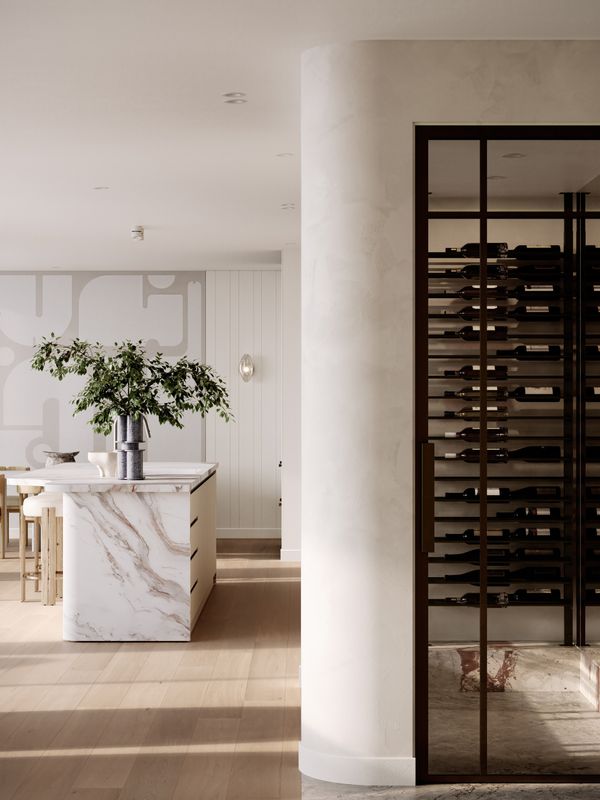 An artist’s impression of the integrated wine cellar in a penthouse apartment at SOL by Walker with the spacious kitchen seen in the distance.