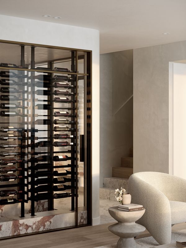 An artist’s impression of the integrated wine cellar in a penthouse apartment at SOL by Walker and the nearby living area.