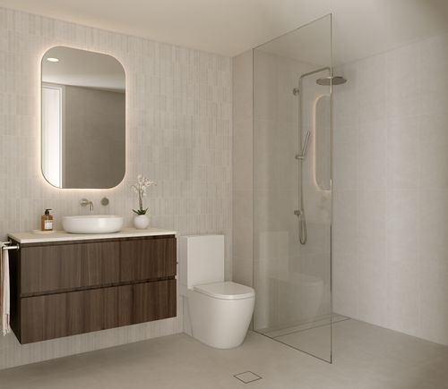 An artist’s impression of a spacious, modern bathroom of an apartment at SOL by Walker, with walk-in shower and other modern fixtures, featuring dark tiling and wooden cabinetry.