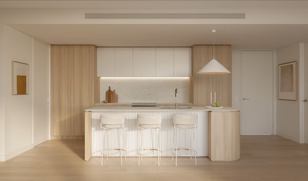 An artist’s impression of the modern kitchen of an apartment at SOL by Walker, featuring light wooden cabinetry.
